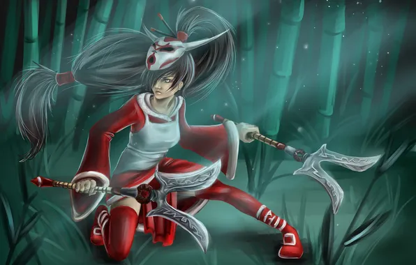 Forest, girl, weapons, bamboo, mask, art, Akali, League of Legends