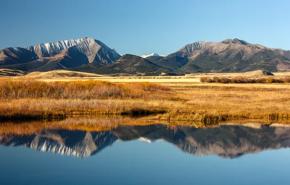 Field, the sky, mountains, lake, reflection, mirror