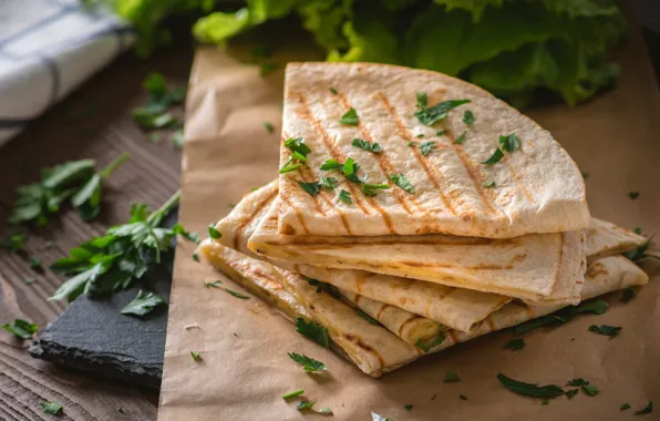 Greens, paper, table, pancakes, parsley, filling, pancakes, collapsed