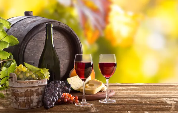 Picture leaves, wine, cheese, grapes, barrel