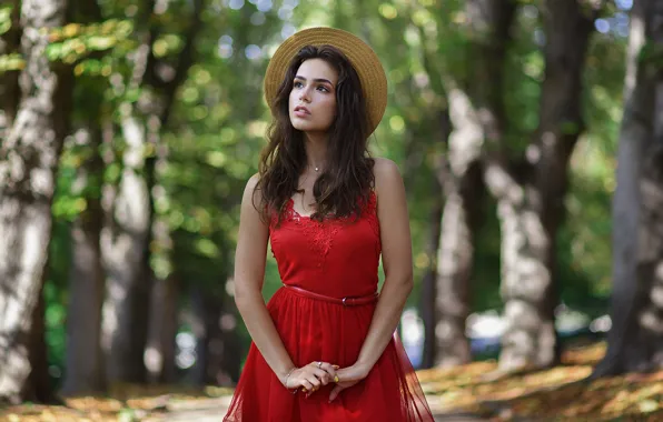 Picture look, girl, nature, pose, Park, model, dress, bokeh
