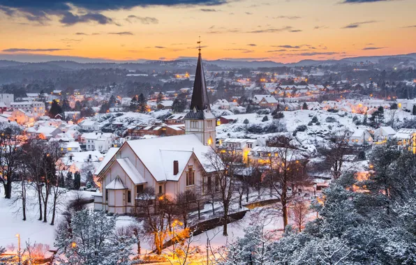 Picture winter, frost, the sky, clouds, snow, trees, sunset, the city