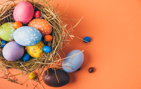 Eggs, candy, Easter, socket, straw, orange background, colorful, pills