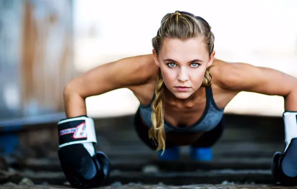 Look, pose, sport, actress, blonde, beautiful, Boxing gloves, Madison Iseman
