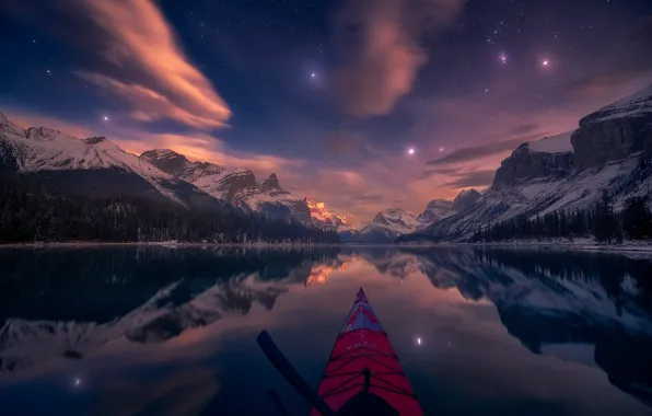 Mountains, night, lake, reflection, stars, Canada, Albert, Alberta