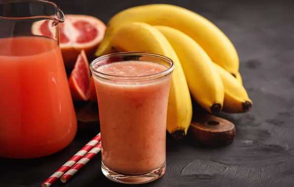 Breakfast, juice, bananas, drink, vitamins, grapefruit, smoothies