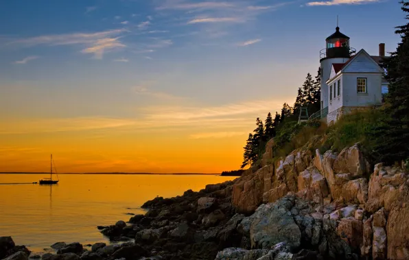 Picture sea, the sky, sunset, rock, house, boat, lighthouse