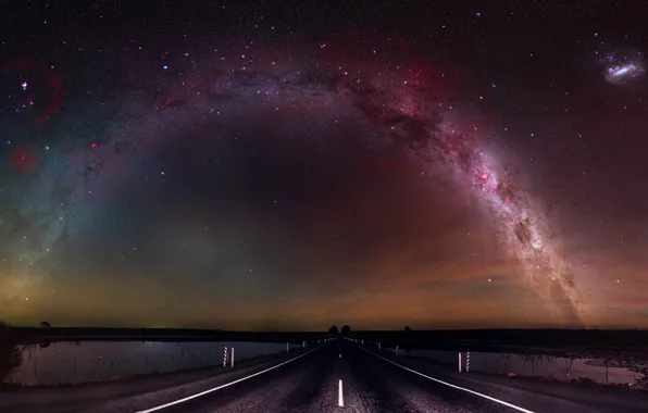 Road, the sky, stars, landscape, night, nature, lake, markup