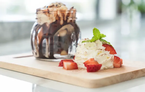 Strawberry, ice cream, mint, dessert, sweet, chocolate, chocolate, vanilla