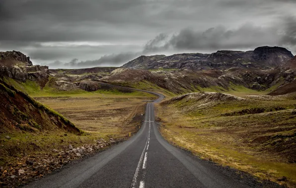 Storm, road, hills, cloudy