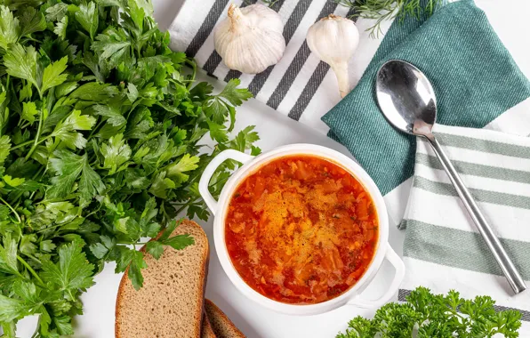 Greens, bread, spoon, soup