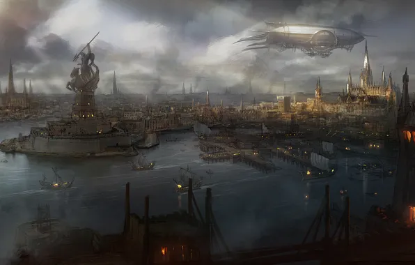 Picture water, the city, smoke, view, ships, art, the airship, statue