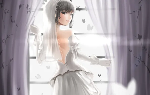Girl, white, dress, window, art, curtains, the bride, veil