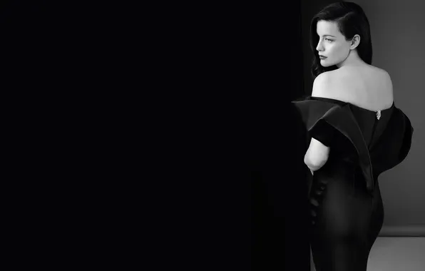 Figure, dress, actress, brunette, hairstyle, photographer, black and white, Liv Tyler