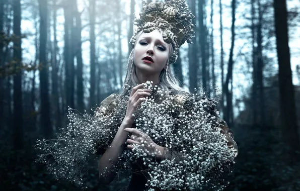 Forest, girl, art, flowers, Bella Kotak, The strength within