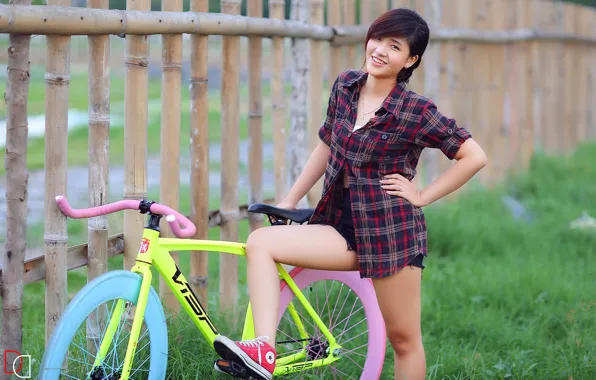 Summer, girl, bike, smile, Asian