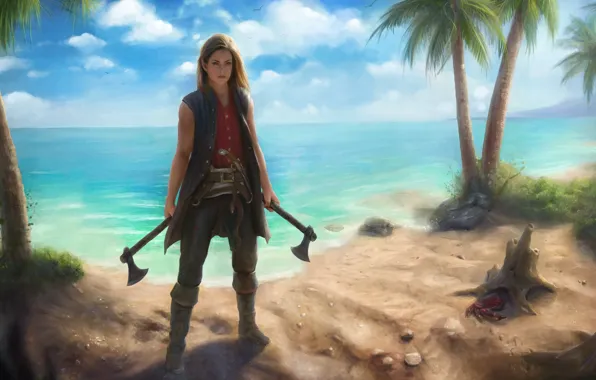 Picture Sea, Girl, Palm trees, Warrior, Axe, Elf, Pirate, Fantasy