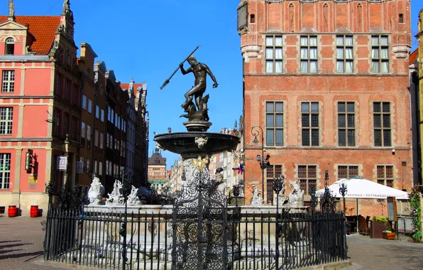 Street, building, statua, monument, gdansk, Neptune