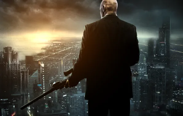 Picture the city, weapons, home, barcode, bald, jacket, megapolis, sniper rifle