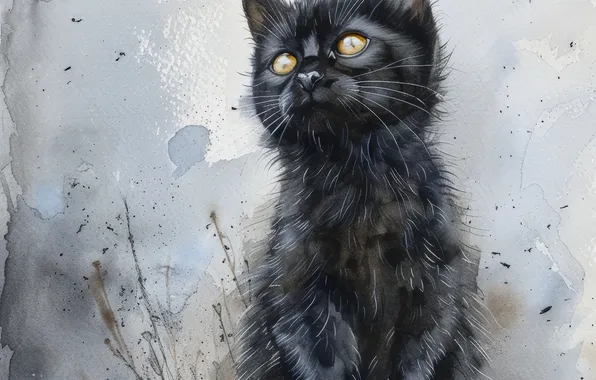 Picture Cat, Kitty, Black, Cat, Art, Front, Digital art, AI art