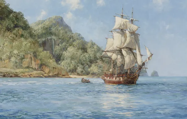 Picture sea, boat, ship, island, sailboat, boat, Montague Dawson