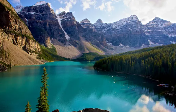 Forest, the sky, clouds, snow, trees, mountains, lake, Canada