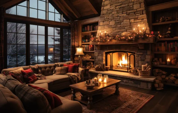 Comfort, house, heat, room, fire, flame, interior, Christmas