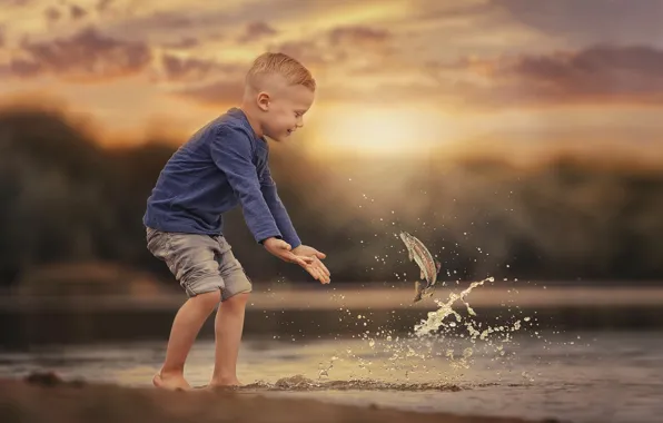 Picture water, joy, sunset, squirt, nature, fish, boy, child