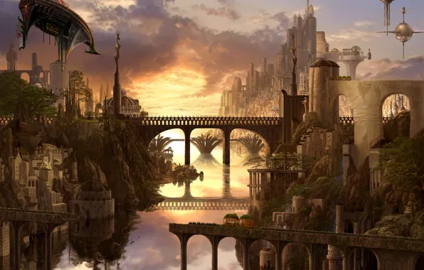 Picture bridge, the city, river, waterfall, art, ucchiey, if kazama uchio, airships