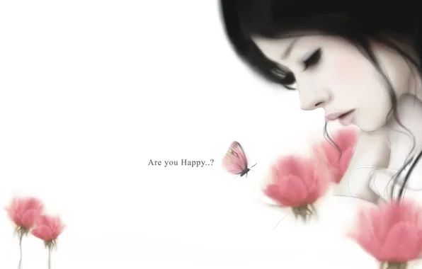Girl, flowers, butterfly, question, curls, Enakei