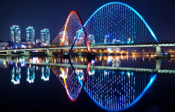 Picture water, night, bridge, lights, reflection, river, home, skyscrapers
