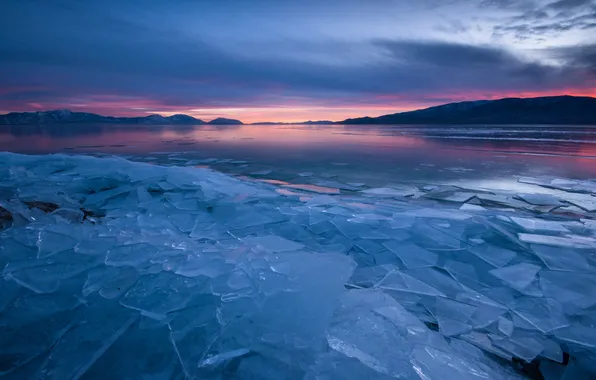 Cold, ice, sunset, fragments, lake