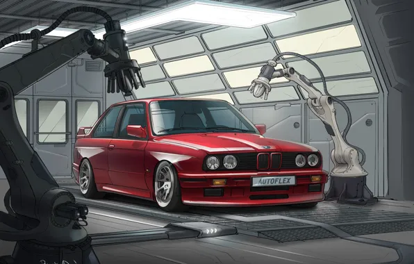 Red, Auto, BMW, Machine, Robots, Car, Illustration, BMW E30