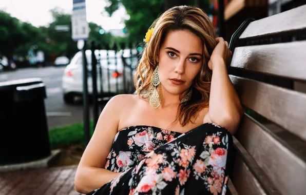 Picture look, girl, pose, street, portrait, makeup, dress, hairstyle