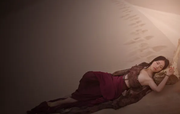 Sand, girl, pose, stay, desert, sleep, dress, brunette
