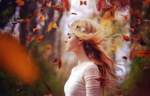 Autumn, leaves, girl