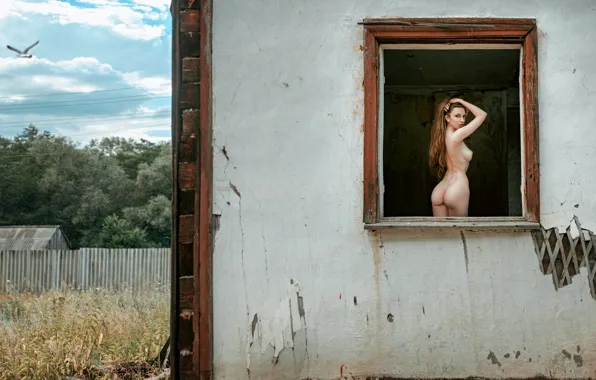 Chest, girl, wall, model, figure, slim, form, house