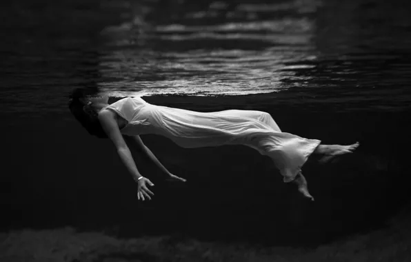 Water, girl, photo, creative, white, black and white, dress, swimming