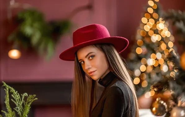 Picture look, girl, face, portrait, hat, tree, bokeh, A Diakov George