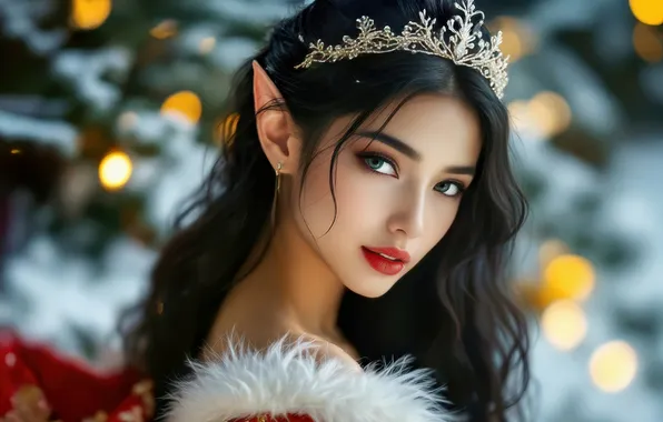 Girl, lights, crown, brunette, Christmas, New year, fur, Asian