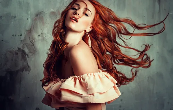 Girl, face, pose, hair, red, beauty, shoulder, Liliya Nazarova