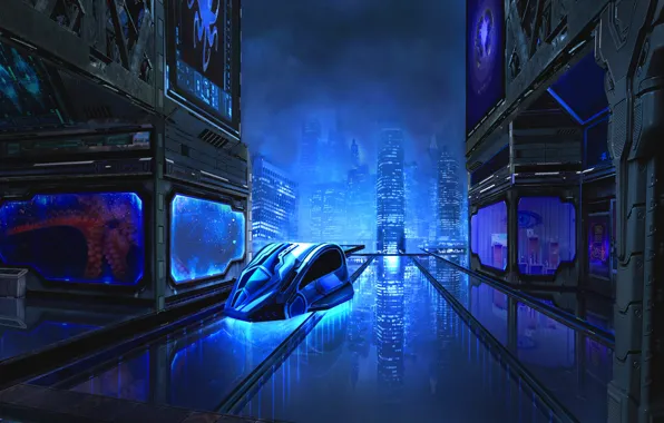 Night, The city, Machine, City, Fantasy, Art, Fiction, Cyber