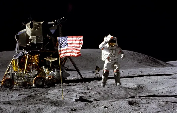 The moon, flag, astronaut