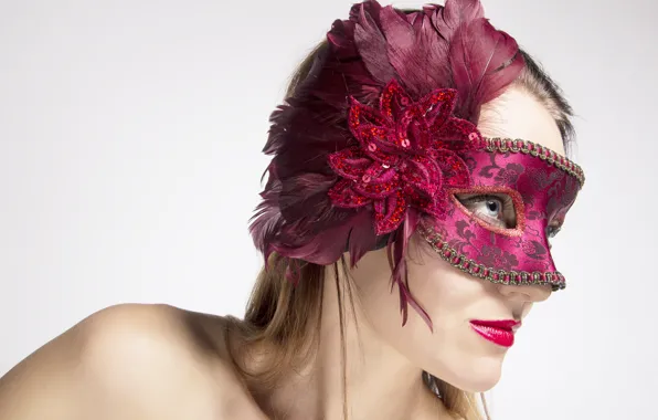 Red, woman, feathers, mask