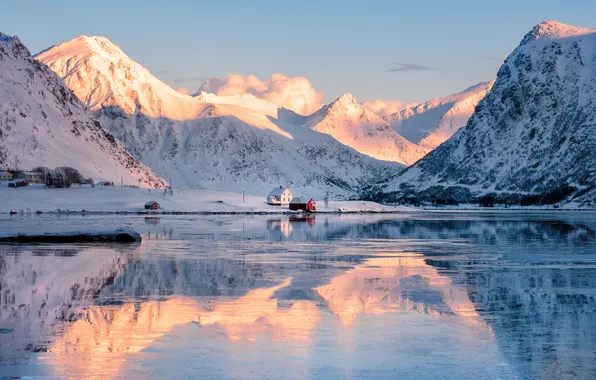 Ice, mountains, lake, construction