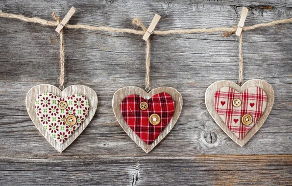 Tree, heart, rope, hearts, fabric, buttons, clothespins