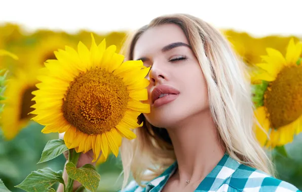 Sunflowers, hair, Girl, Sergey Gokk, Sergey Gokk, Dasha Gusakova
