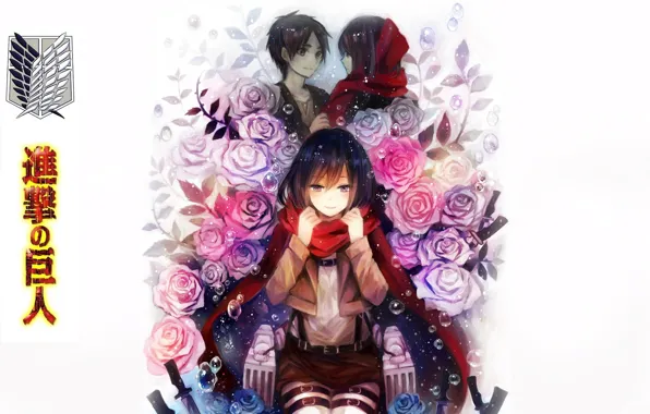 White background, emblem, friends, military uniform, pink roses, Mikasa Ackerman, Eren Yeager, red scarf