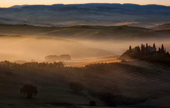 Field, light, trees, mountains, nature, fog, house, hills