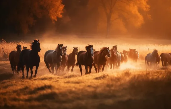Field, autumn, light, horses, dust, horse, running, the herd